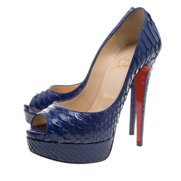 🔥 Christian Louboutin Blue Python Leather Lady Peep Platform Pumps Size 37 - Picture 1 of 8